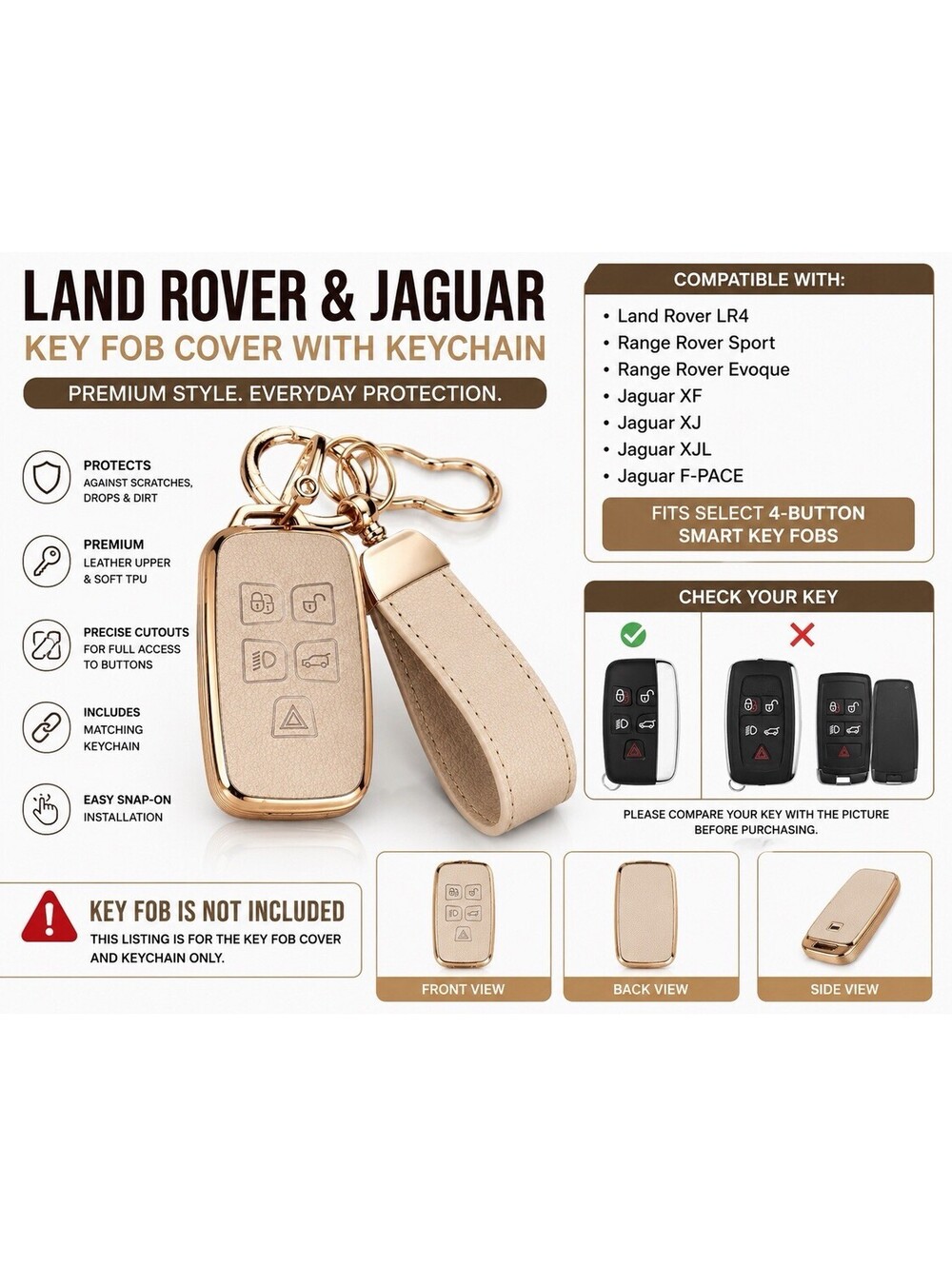 Land Rover Jaguar 4 Button TPU Key Fob Cover Case w/ Leather Keychain Cream